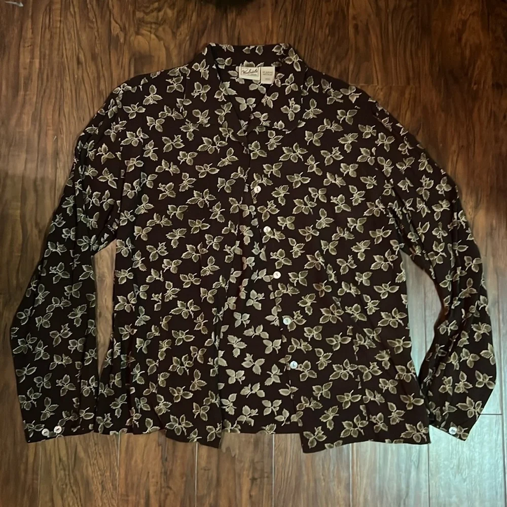 Vintage Brown Leaf Print Long Sleeve Button Up